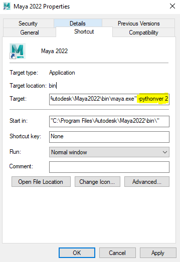 Maya 2022 Shortcut Properties